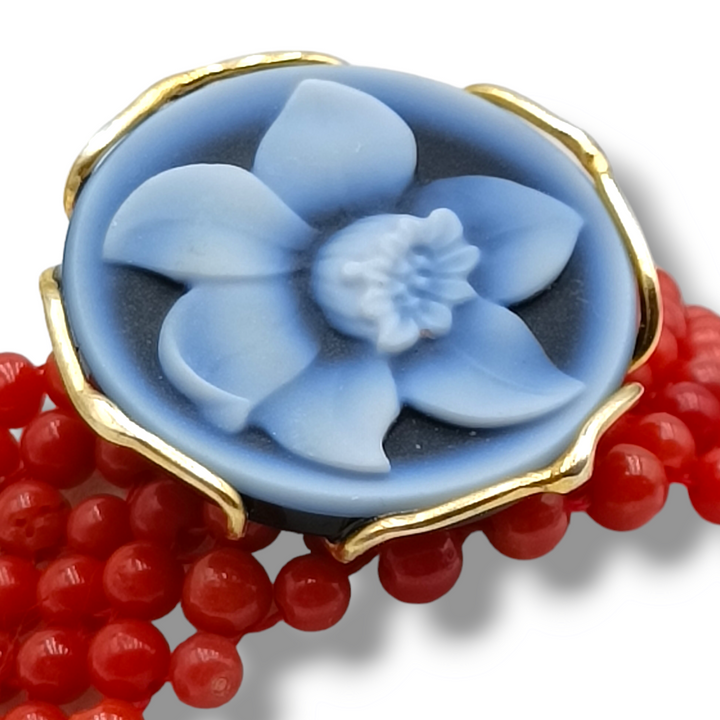 Bracciale fiore in agata e corallo montato su argento