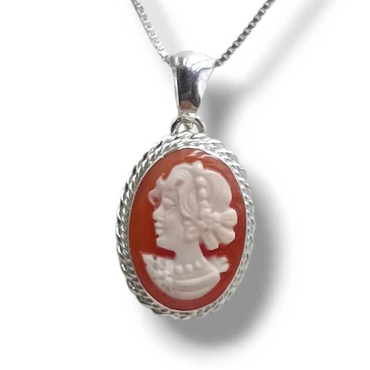 End of collection - Carnelian cameo goddess pendant mounted on silver