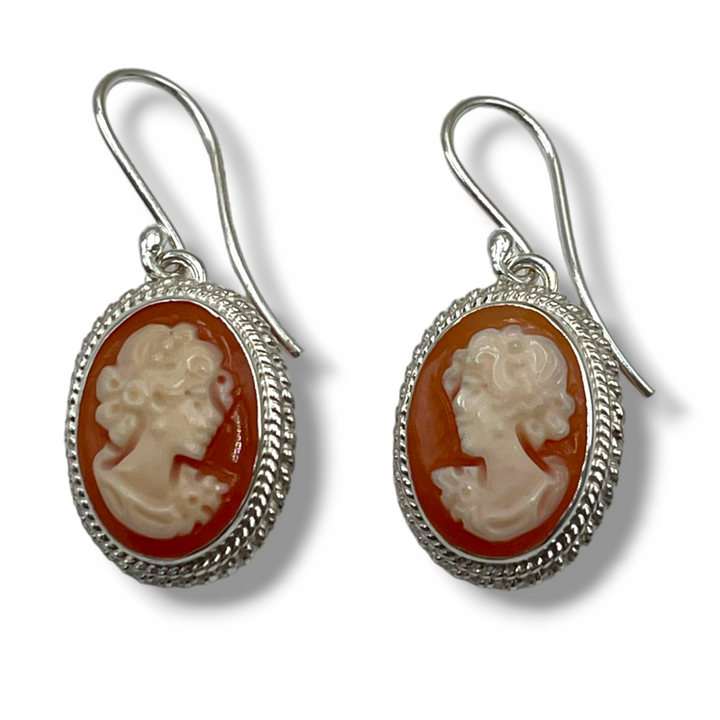 Carnelian Goddess Cameo Earrings Mounted on Silver