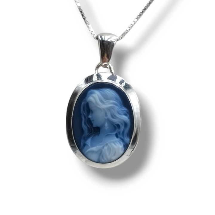 Blue Agate Goddess Pendant Mounted on Silver