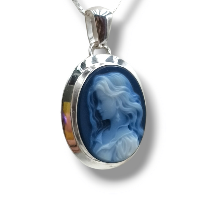 Blue Agate Goddess Pendant Mounted on Silver