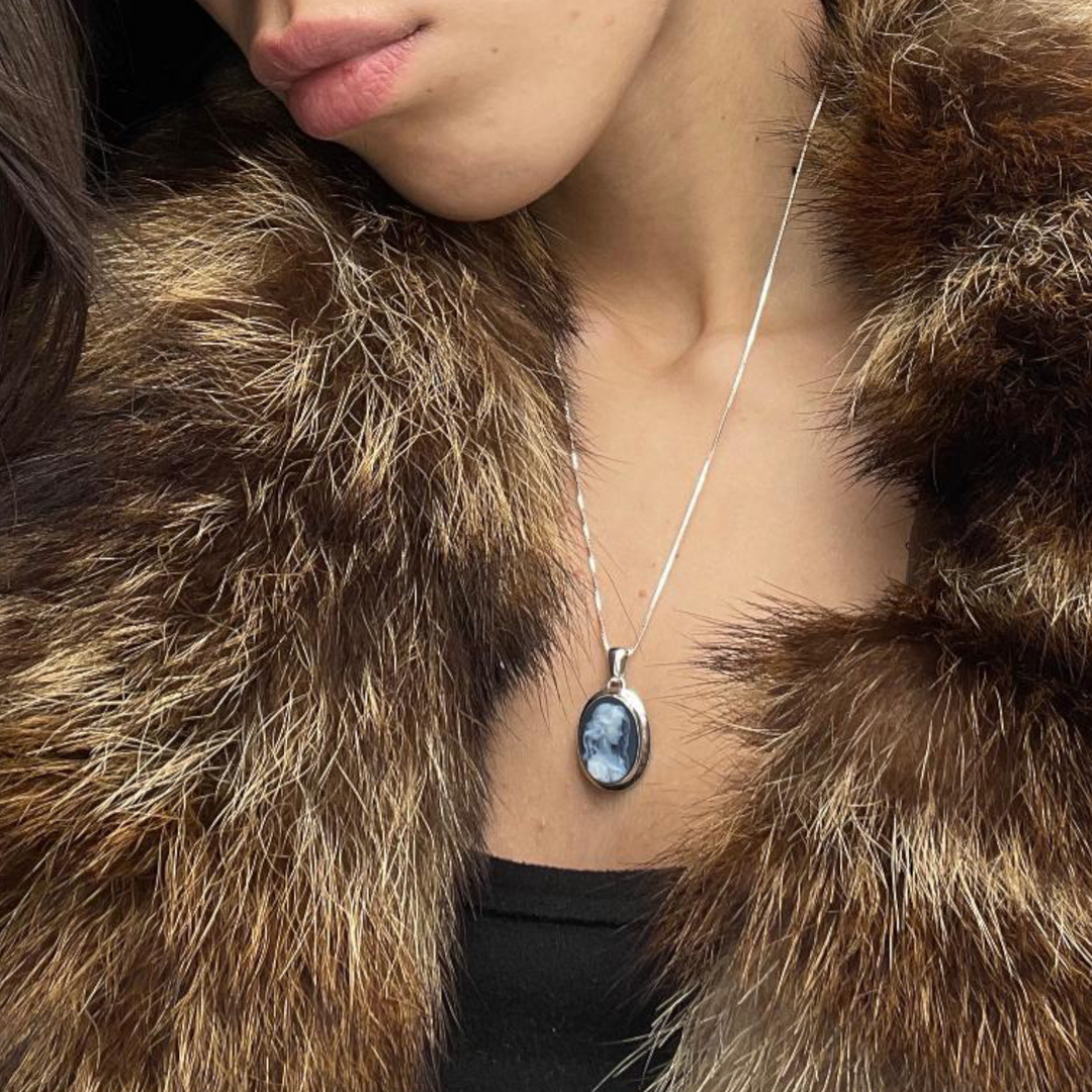 Blue Agate Goddess Pendant Mounted on Silver