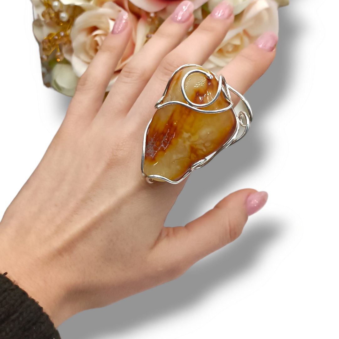 Amber ring mounted on silver