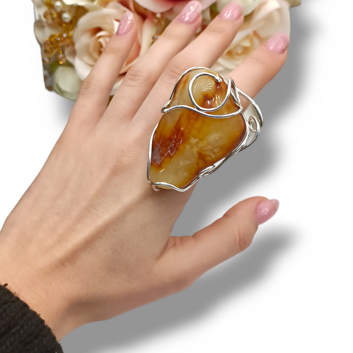 Amber ring mounted on silver