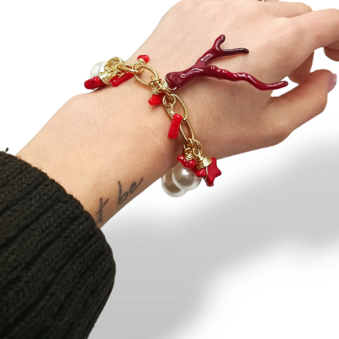 END OF COLLECTION - Coral paste branch bracelet mounted on pearls