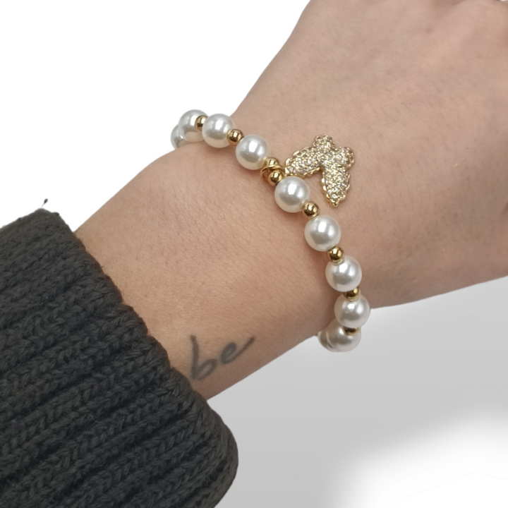 END OF COLLECTION - Bracelet with butterfly in zirconia and pearls