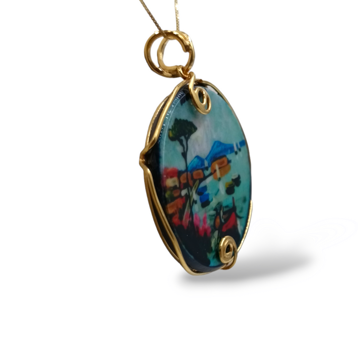 Vesuvius pendant painted in wood mounted on silver