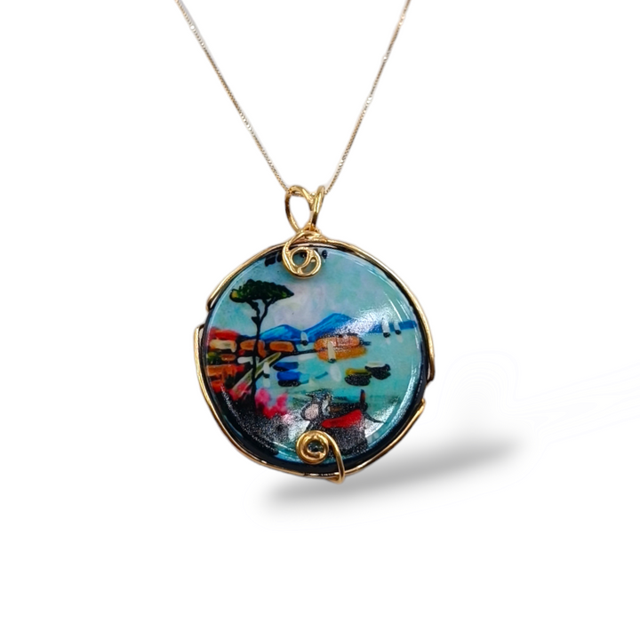 Vesuvius pendant painted in wood mounted on silver