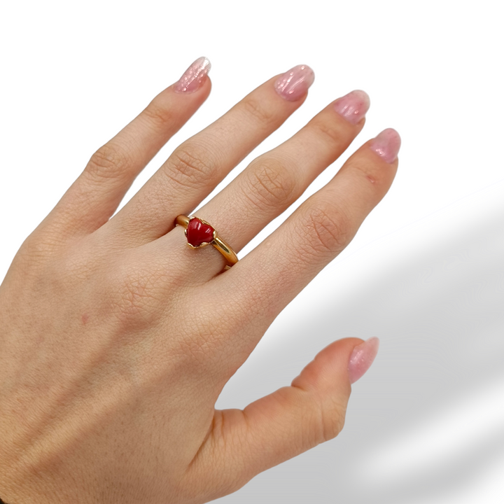 Coral heart ring mounted on silver 