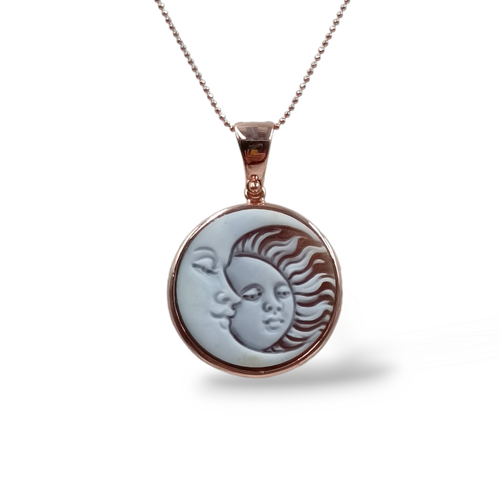 Sun moon pendant necklace in cameo mounted on silver