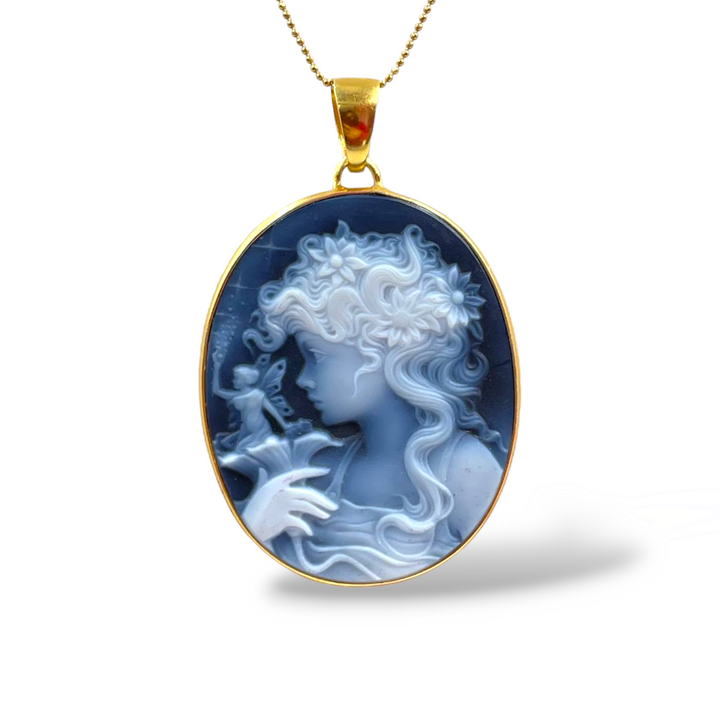 Blue agate fairy pendant mounted on silver