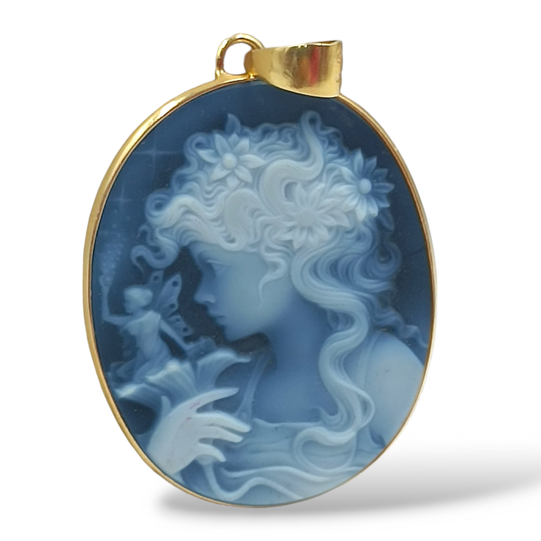 Blue agate fairy pendant mounted on silver