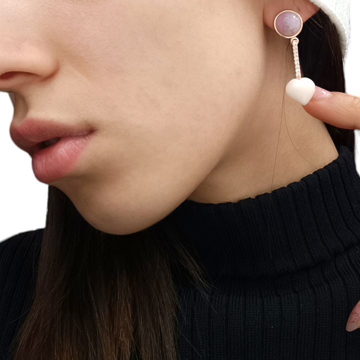 Orecchini cuore in corallo e kunzite montati su argento
