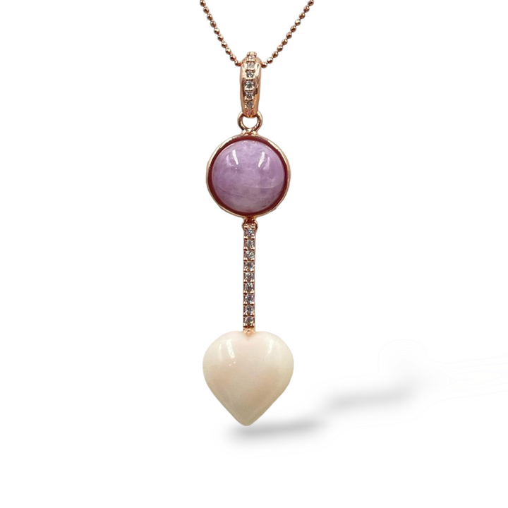 Collana ciondolo cuore in corallo e kunzite montato su argento