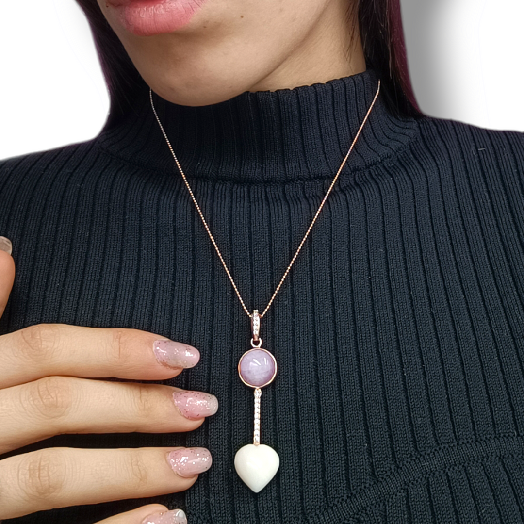 Collana ciondolo cuore in corallo e kunzite montato su argento
