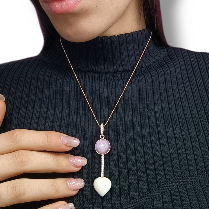 Collana ciondolo cuore in corallo e kunzite montato su argento