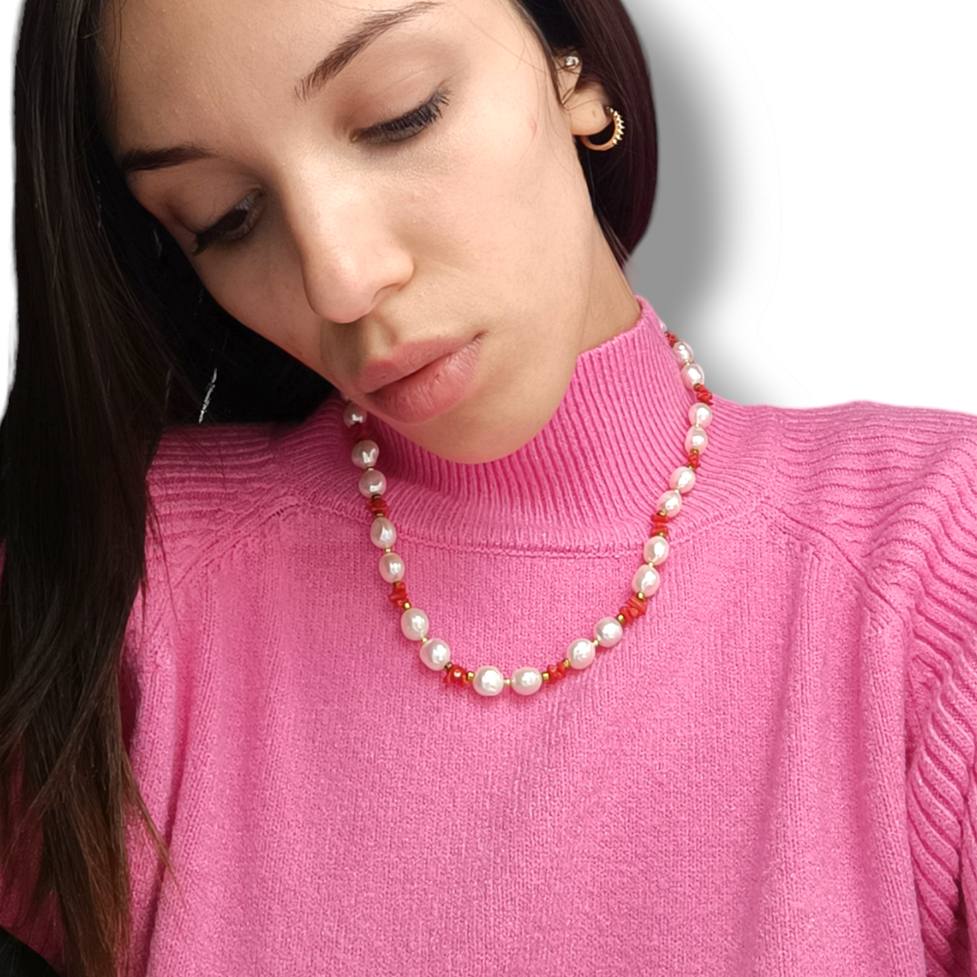 Collana perle in corallo montato su argento