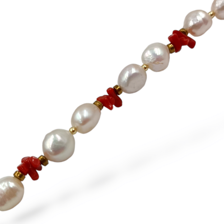 Bracciale eleganza in corallo e perle montato su argento