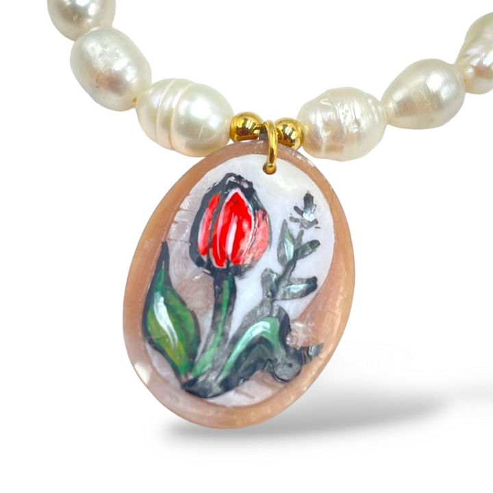 Bracciale tulipano in cammeo montato su perle