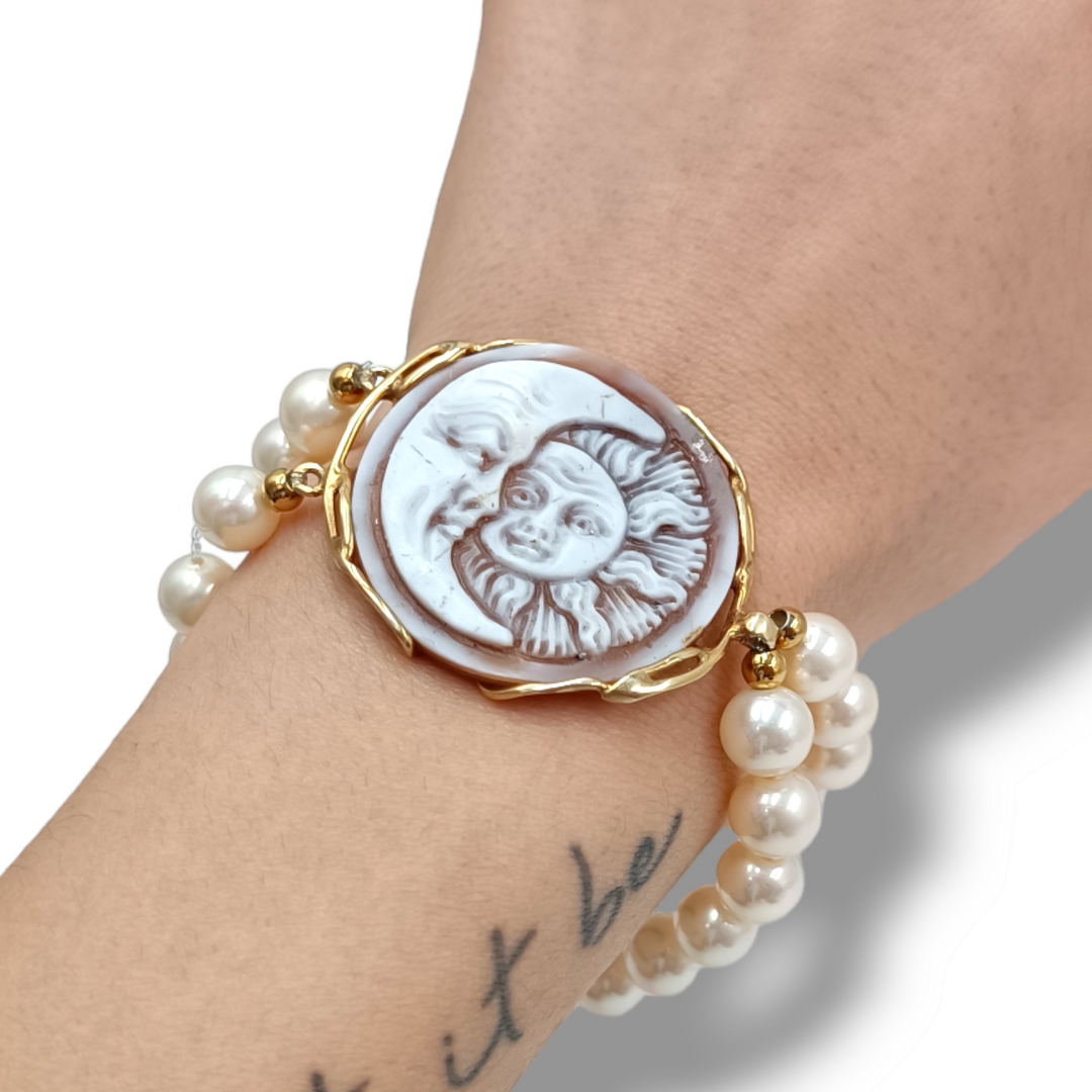 Bracciale sole luna in cammeo montato su argento
