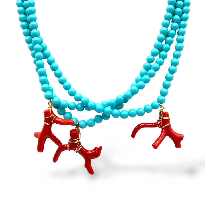 Collana ramo in corallo montato su pasta turchese