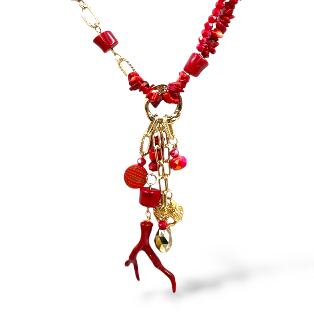 END OF COLLECTION - Branch necklace in coral paste and turquoise paste