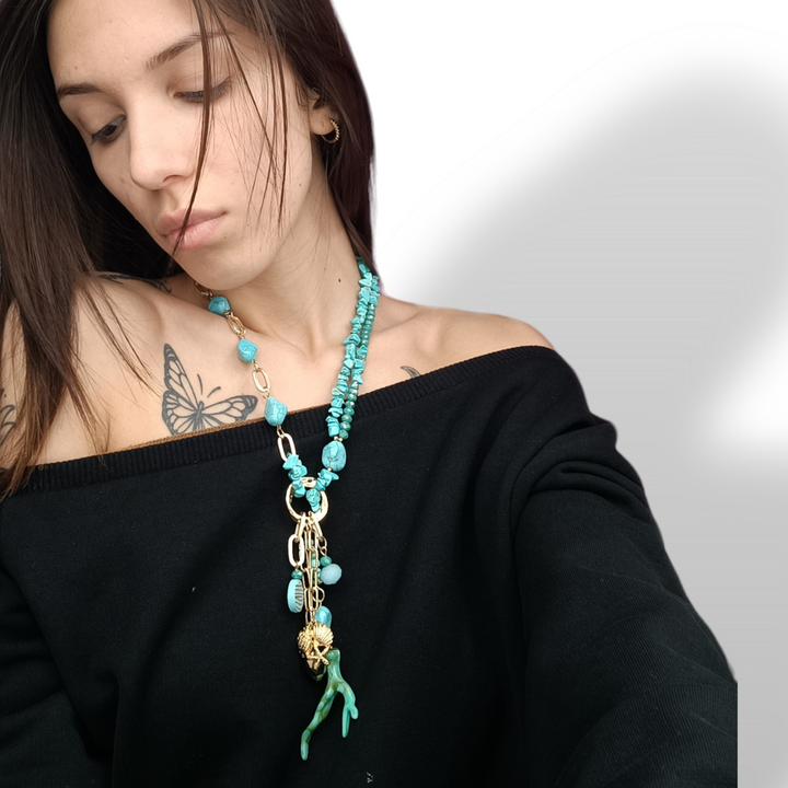 END OF COLLECTION - Branch necklace in coral paste and turquoise paste