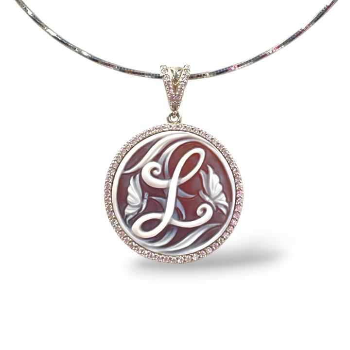 Cameo letter pendant necklace mounted on silver