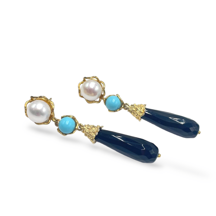 END OF COLLECTION - Agate, pearl and turquoise paste earrings mounted on silver