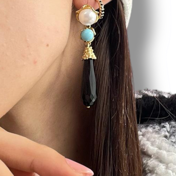 END OF COLLECTION - Agate, pearl and turquoise paste earrings mounted on silver