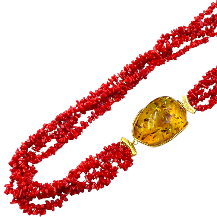 Collana in ambra e corallo montato su argento