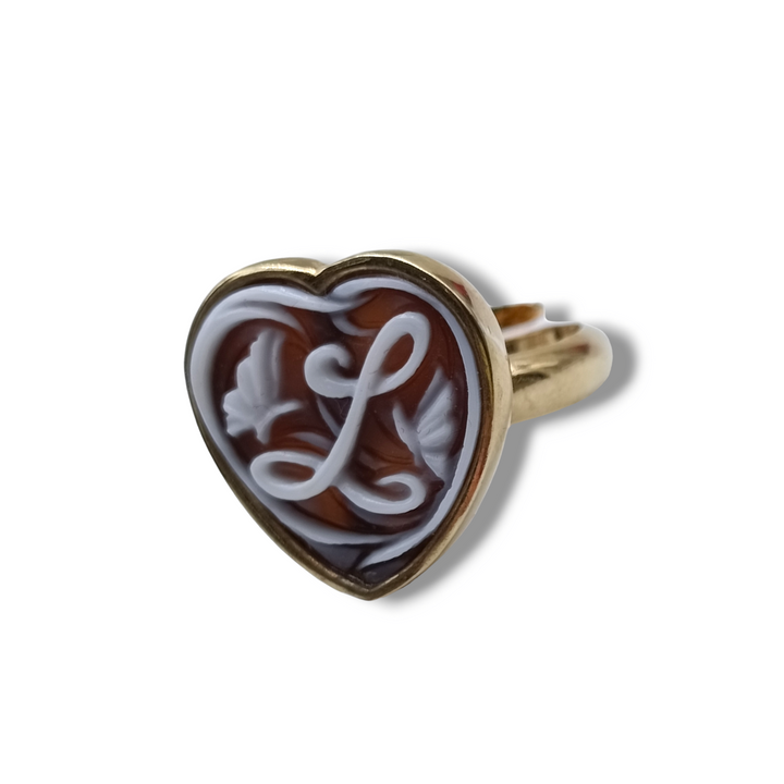 Valentine's Day Idea - Heart Letter Ring, Personalized, in Cameo and Mounted in Silver