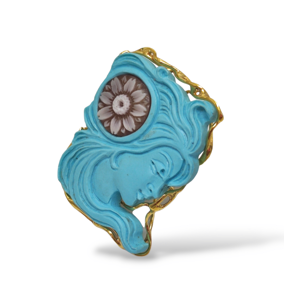 Anello dea in pasta di turchese e cammeo montato su argento Lucia Vitiello Gioielli di Napoli