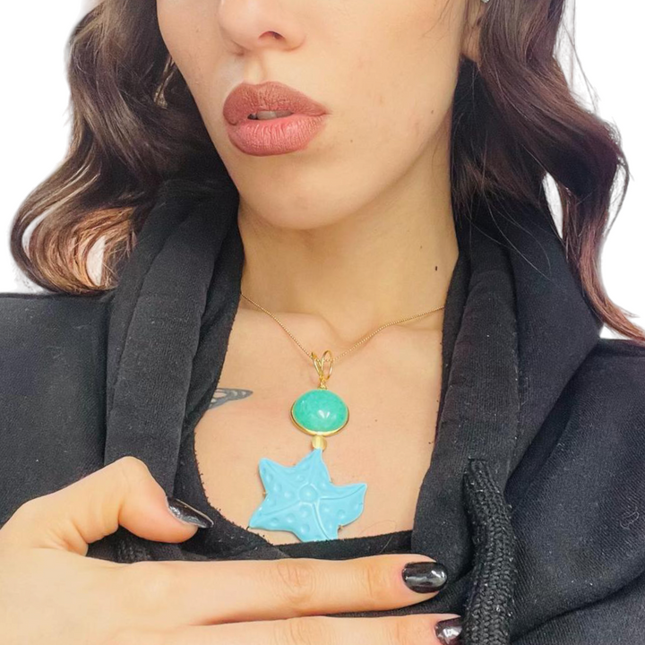 END OF COLLECTION - Starfish pendant in turquoise paste and mounted on silver