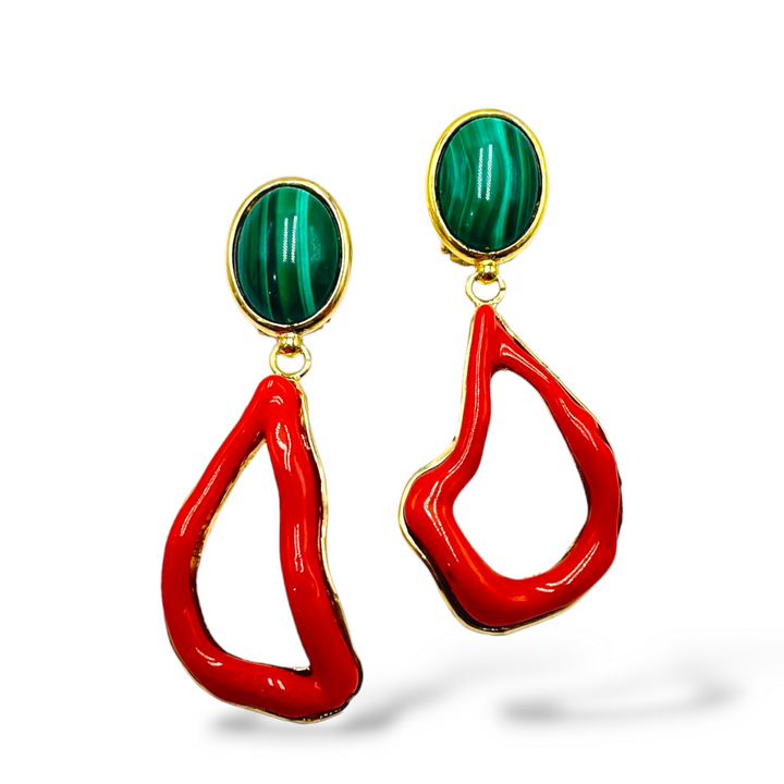 Orecchini in malachite e corallo vero montati su argento
