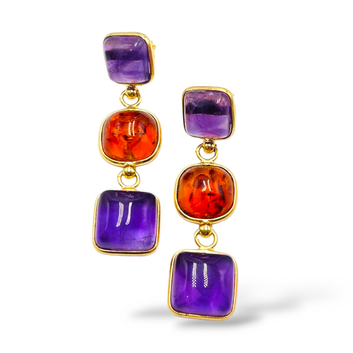 END OF COLLECTION - Amber and amethyst earrings mounted on silver.