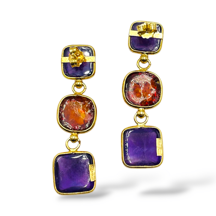 END OF COLLECTION - Amber and amethyst earrings mounted on silver.