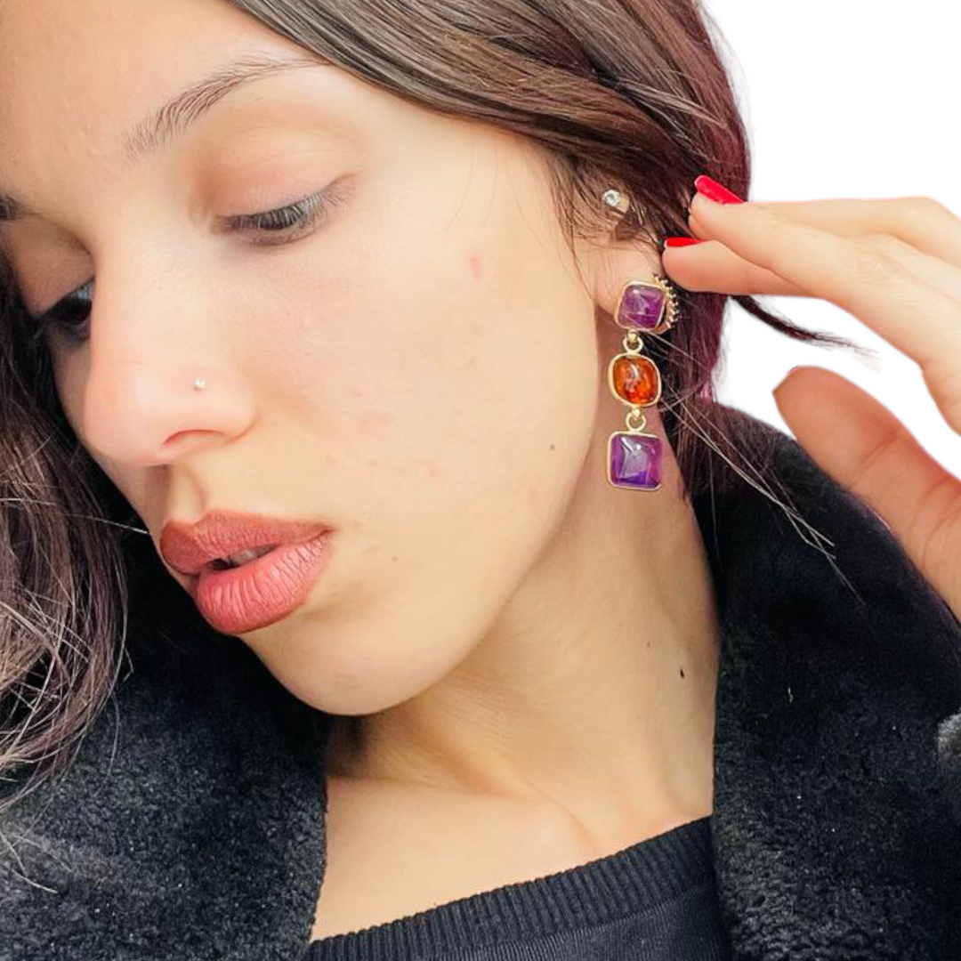 END OF COLLECTION - Amber and amethyst earrings mounted on silver.