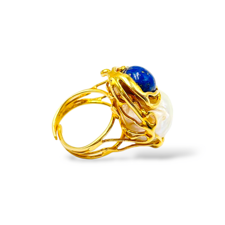 Lapis and pearl stone ring mounted on silver