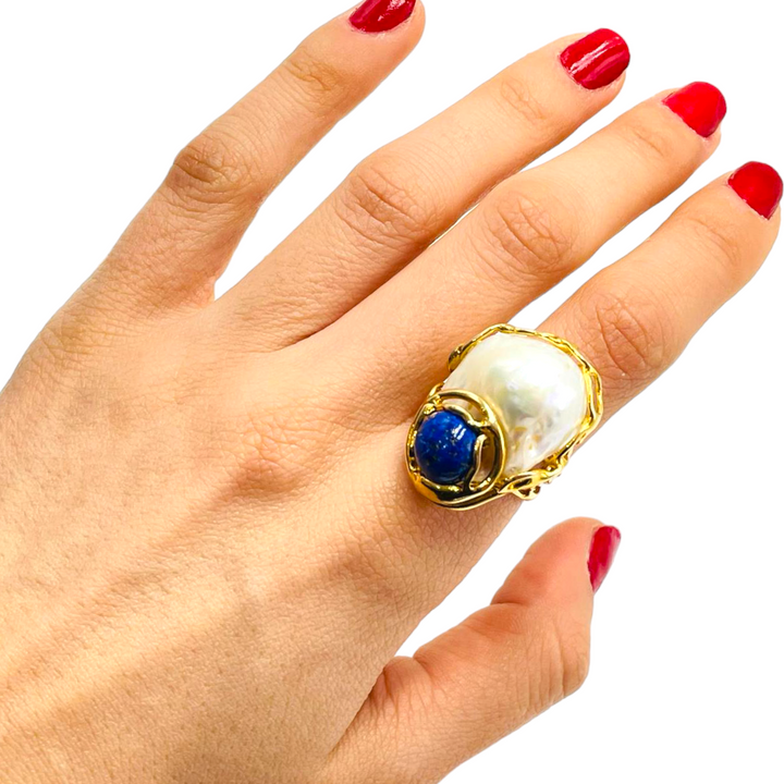 Lapis and pearl stone ring mounted on silver