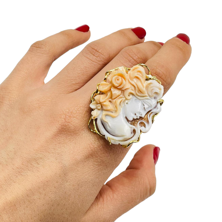 Cameo and silver flower goddess ring