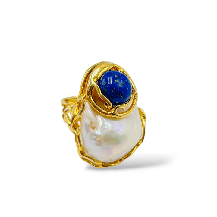 Lapis and pearl stone ring mounted on silver