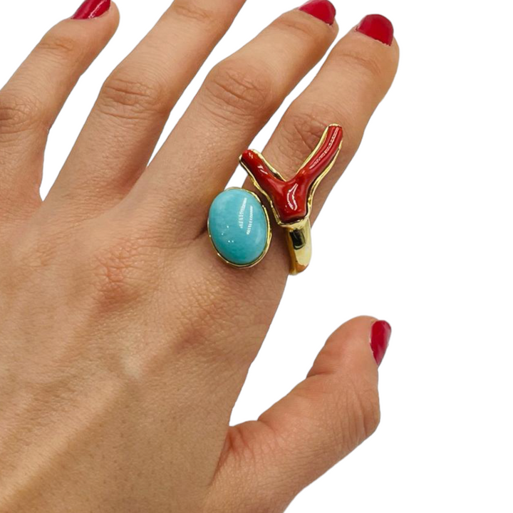 Coral and turquoise ring mounted on silver