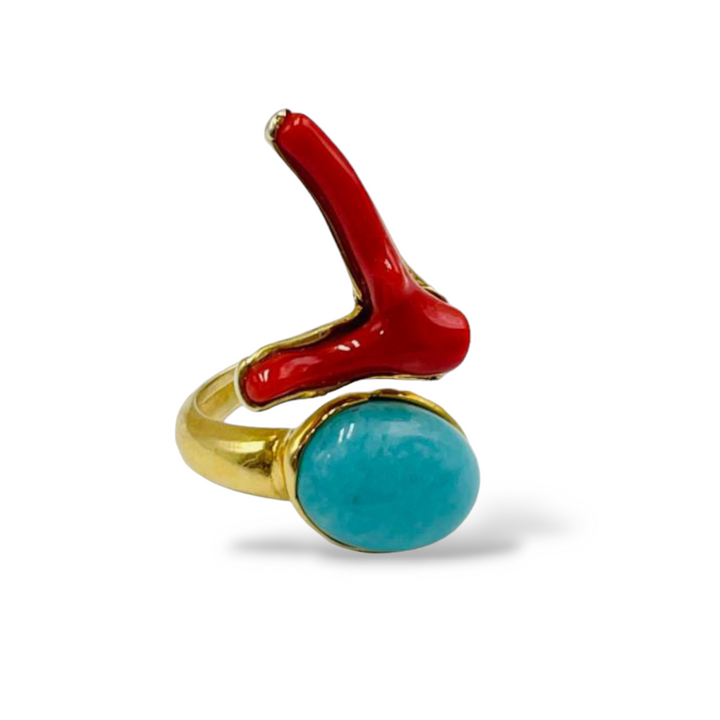 Coral and turquoise ring mounted on silver