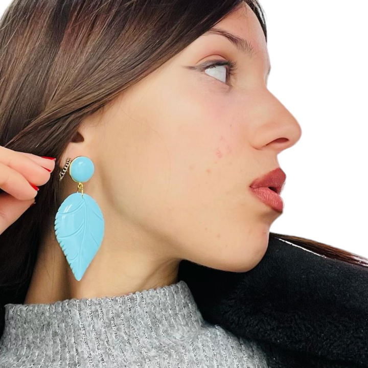 END OF COLLECTION - Turquoise paste leaf earrings mounted on silver