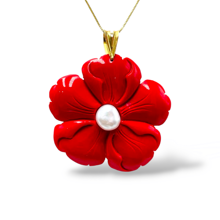 END OF COLLECTION - Coral paste flower pendant necklace mounted on silver