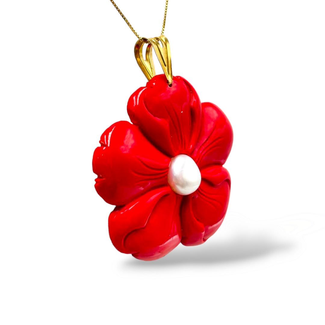 END OF COLLECTION - Coral paste flower pendant necklace mounted on silver