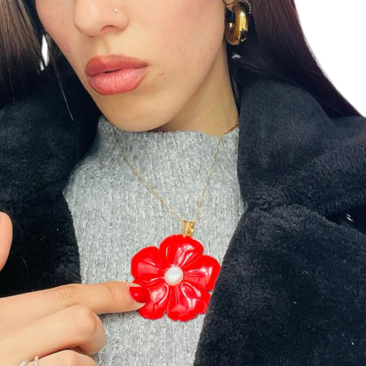 END OF COLLECTION - Coral paste flower pendant necklace mounted on silver