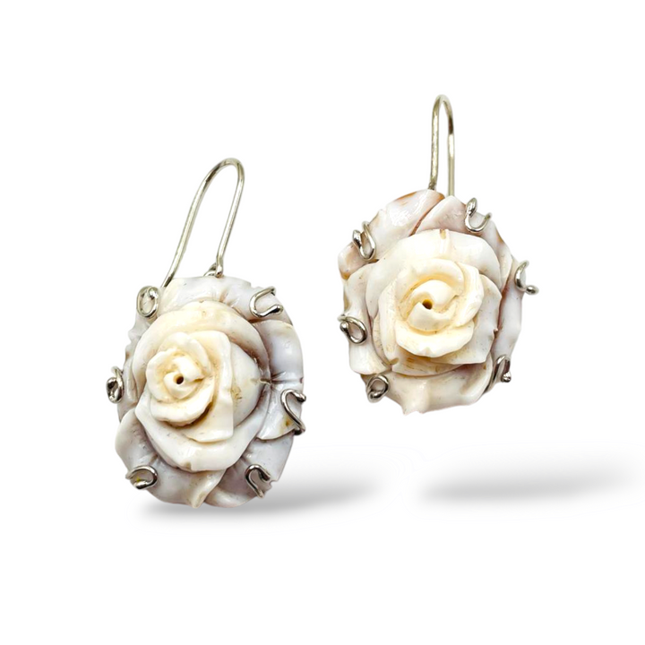 Cameo rose flower earrings mounted on silver