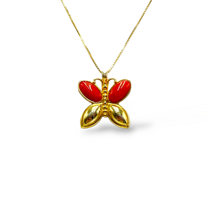 Collana ciondolo farfalla in corallo rosso  montata su argento